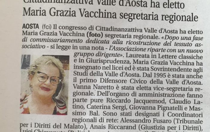 Cittadinanzattiva Valle d'Aosta ha eletto MariaGrazia Vacchina segretaria regionale